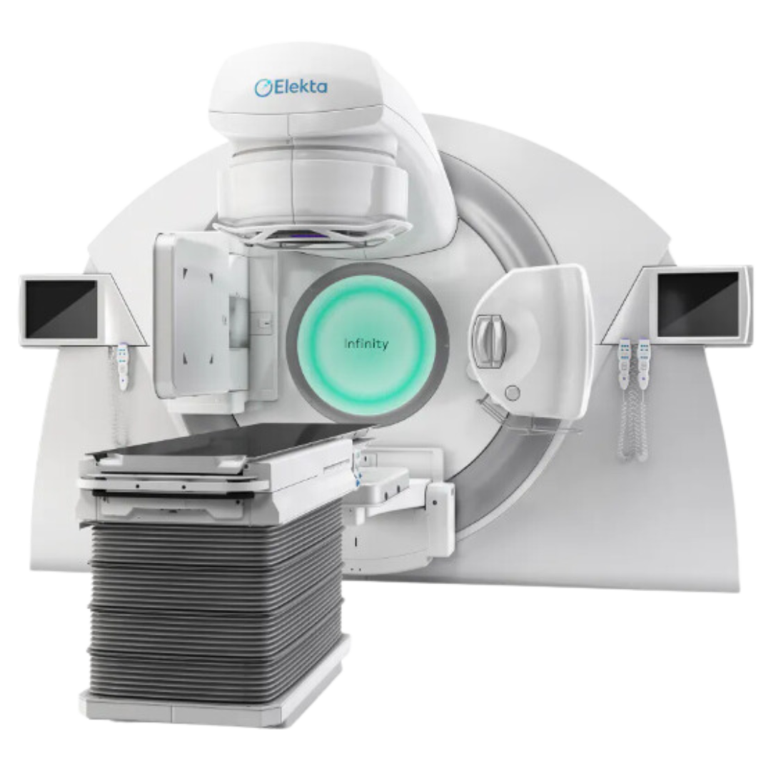 Manufacturer image of the Elektra Infinity Care machine. The machine is large with a central column that rotates around the platform patients rest on during the machin's scan. There are two monitors on the left and right sides of the machine. the top of the machine says "Elektra" This is a machine patients may use during their cancer treatment.