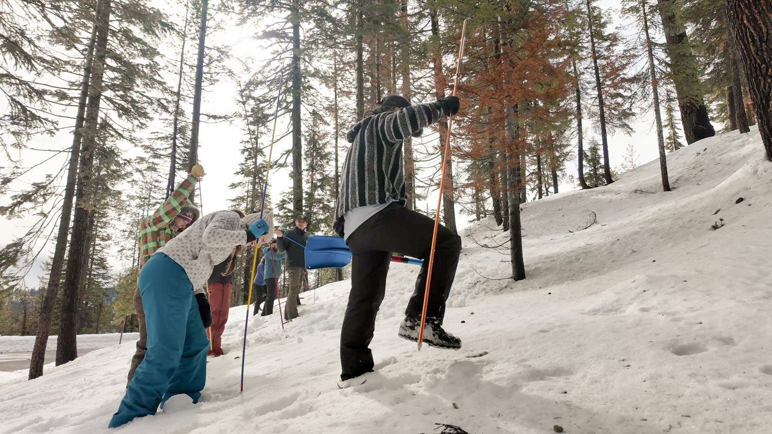 Outdoor course participants walking up snowy hill with hiking or ski poles