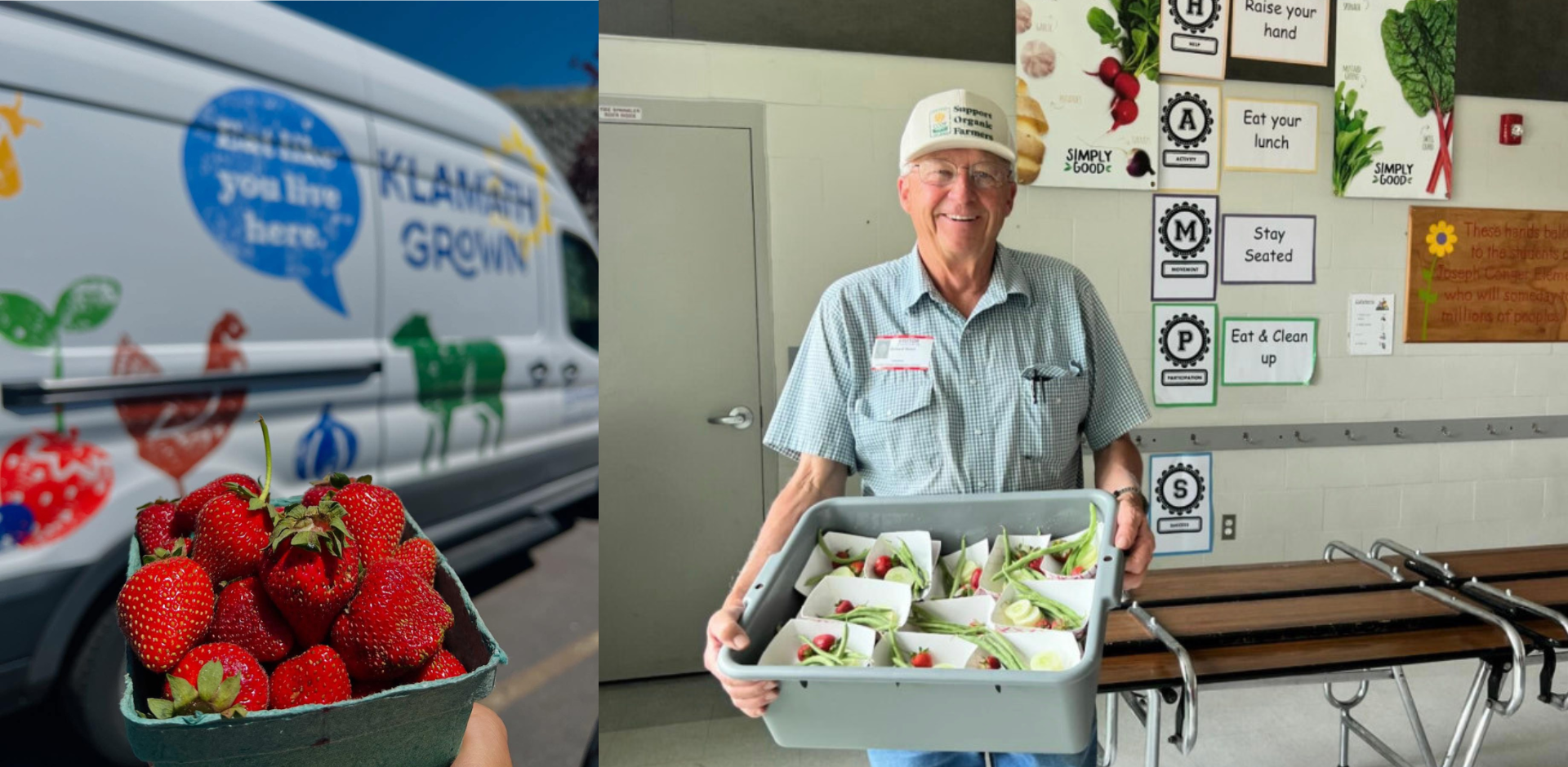 Klamath Grown and Rick Walsh Farm fresh strawberries in front of the Klamath Grown van and Rick Walsh, owner of Fresh Green Organics serving students farm-fresh local vegetables.
