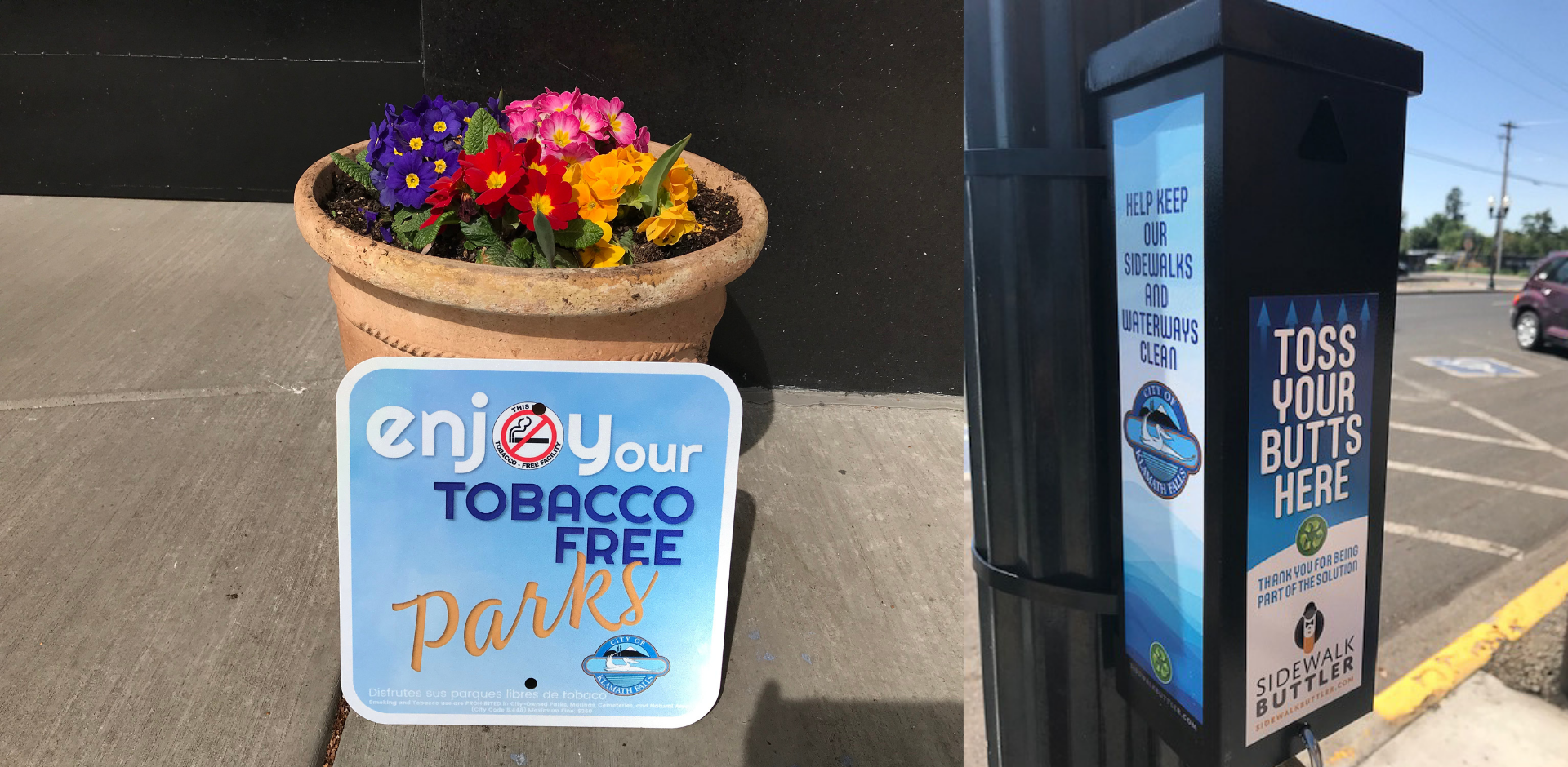 Two images one is a sign in front of a planter full of flowers that says "Enjoy your tobacco free parks". The other image is a public cigarette "buttler" for people to discard their cigarette butts.
