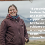 Rose Clarke with the text "If people have access to fresh and healthy foods and they’re given some support and education on how to use them, there’s evidence that it has really amazing benefits to their health.”