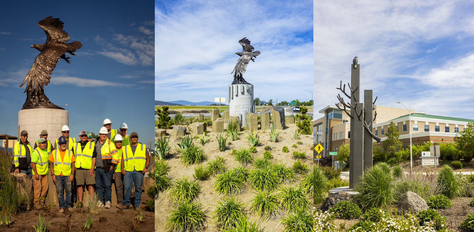 three images of the roundabout art in Klamath falls